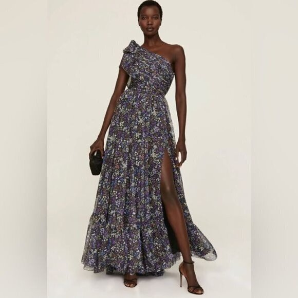 Mac Duggal One Shoulder Floral Cut Out Black Blue Gown 12 - Picture 1 of 16